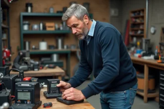 Homme d'âge moyen vérifiant un moniteur de batterie dans son atelier