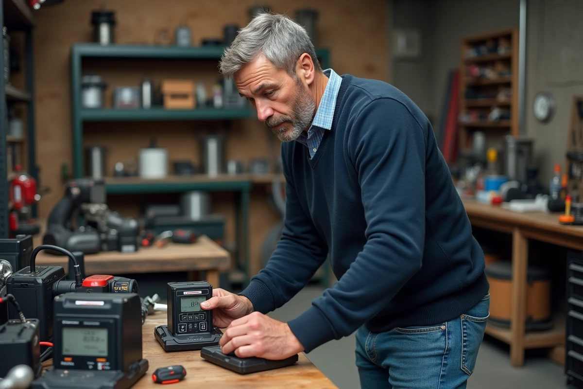 Homme d'âge moyen vérifiant un moniteur de batterie dans son atelier