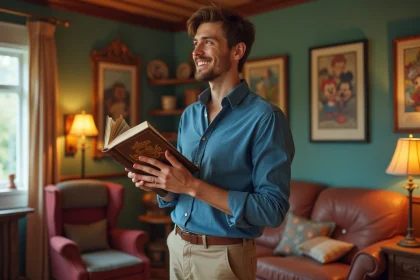 Homme souriant avec livre vintage dans un salon Disney