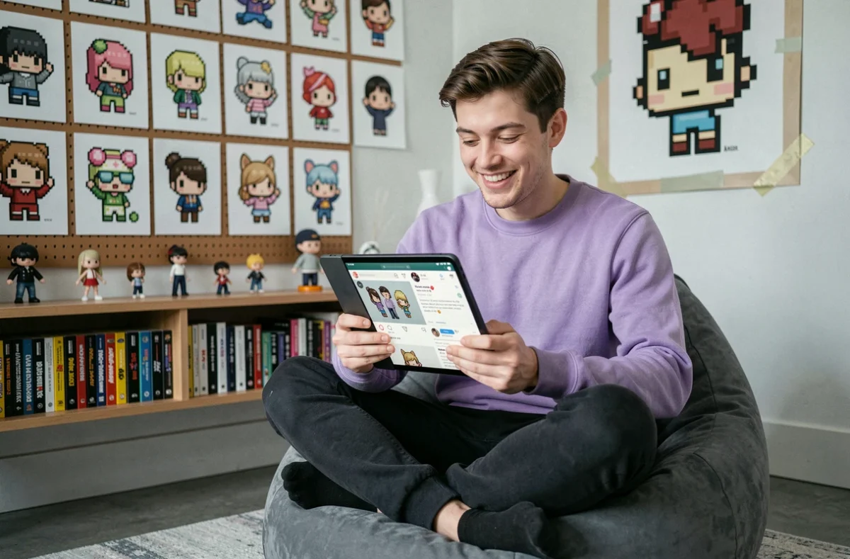 Jeune homme parcourant des créations kawaii en pixel art sur une tablette dans une chambre décorée de posters pixel art