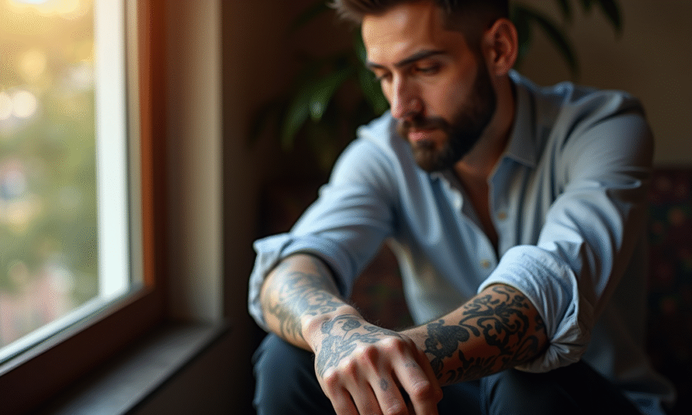 Homme assis près d'une fenêtre avec tatouages visibles