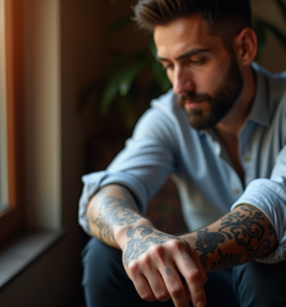 Homme assis près d'une fenêtre avec tatouages visibles