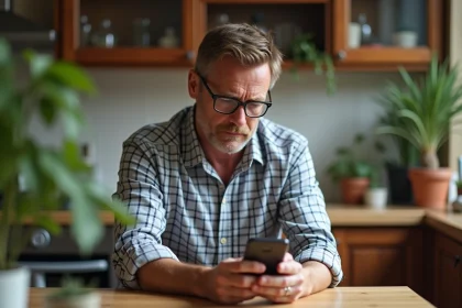 Homme d'âge moyen examinant un vieux téléphone dans la cuisine