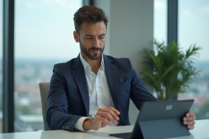 Jeune homme professionnel utilisant deux tablettes Windows dans un bureau moderne