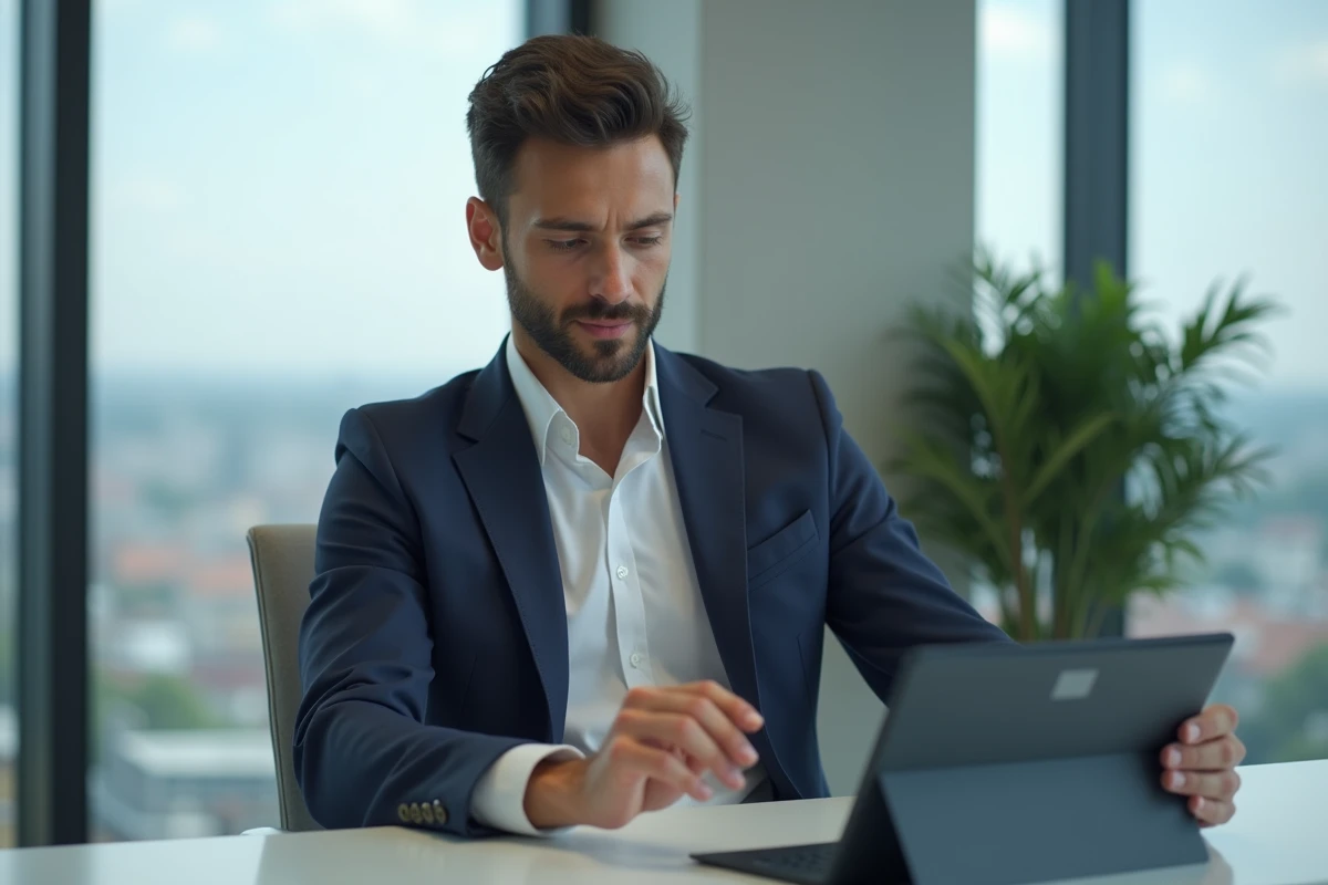 Jeune homme professionnel utilisant deux tablettes Windows dans un bureau moderne