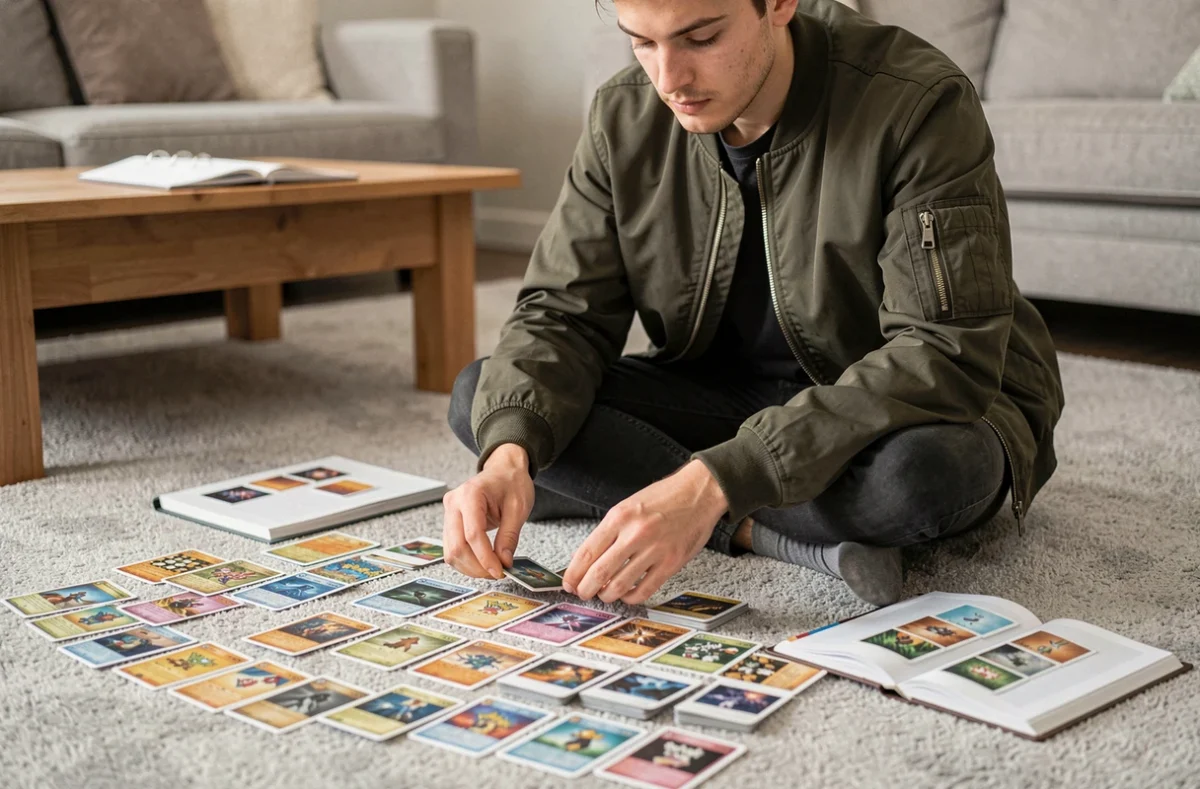 Un homme triant des cartes Pokémon Aventure Ensemble sur le sol d'un salon pour optimiser ses combos de deck JCC