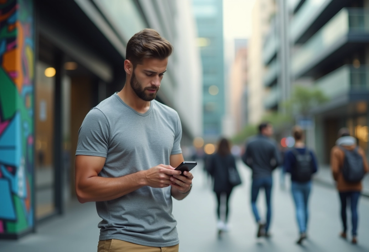 Homme urbain consulte son smartphone dans la rue