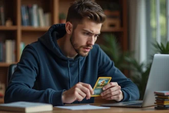 Jeune homme examinant une carte Pokémon en vérifiant un site d'achat en ligne sur son ordinateur portable