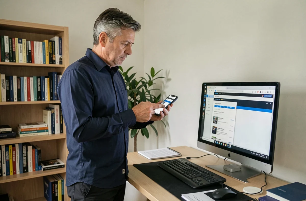 Homme vérifiant la fiabilité d'un site d'actualités en comparant plusieurs sources sur ses appareils