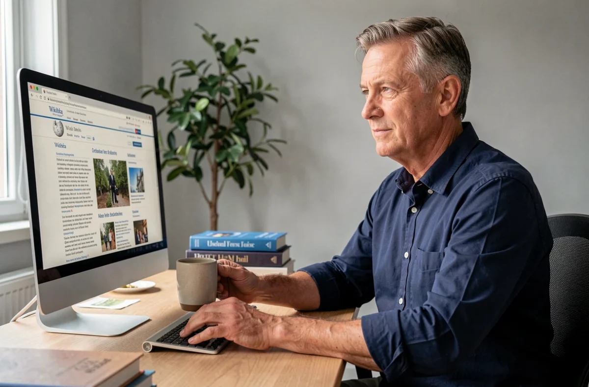 Homme d'âge moyen consultant une encyclopédie collaborative en ligne depuis son bureau à domicile