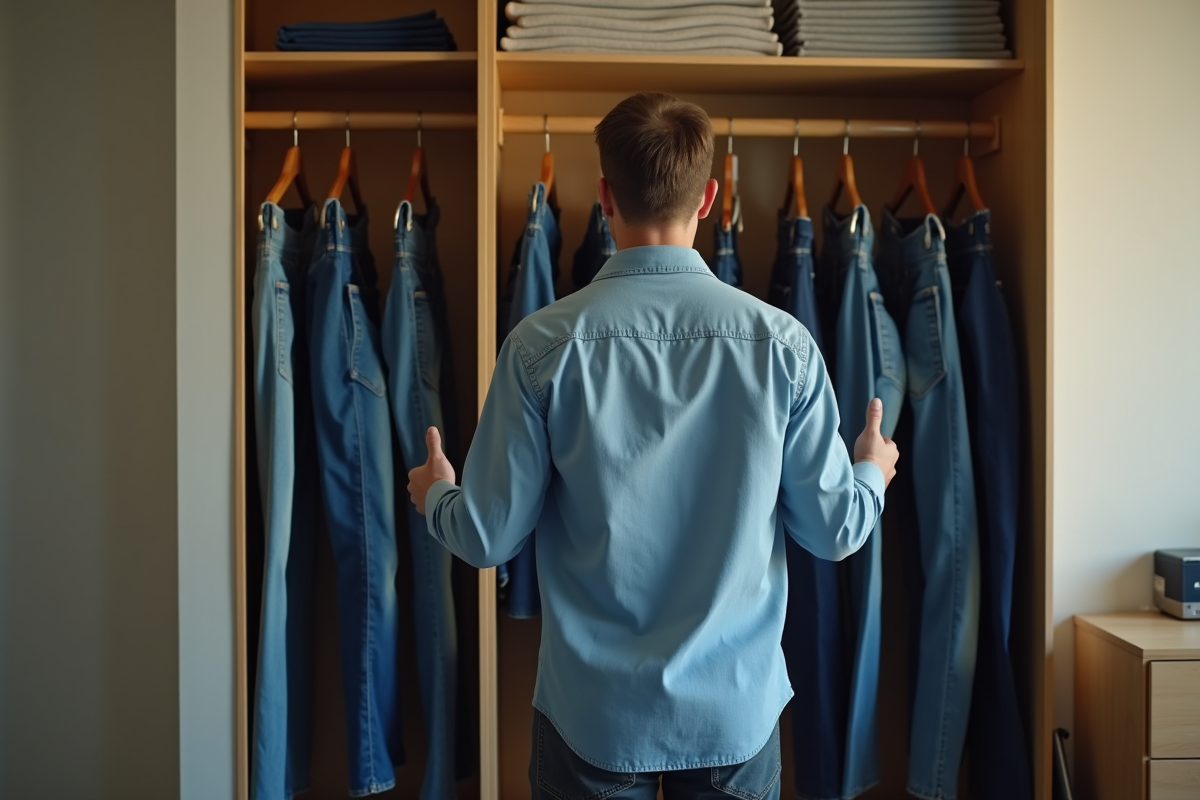 Homme regarde des jeans suspendus dans sa chambre