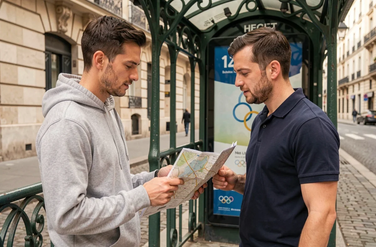 Deux hommes consultant un plan papier de la ligne 14 devant une entrée de métro parisien pendant les Jeux olympiques