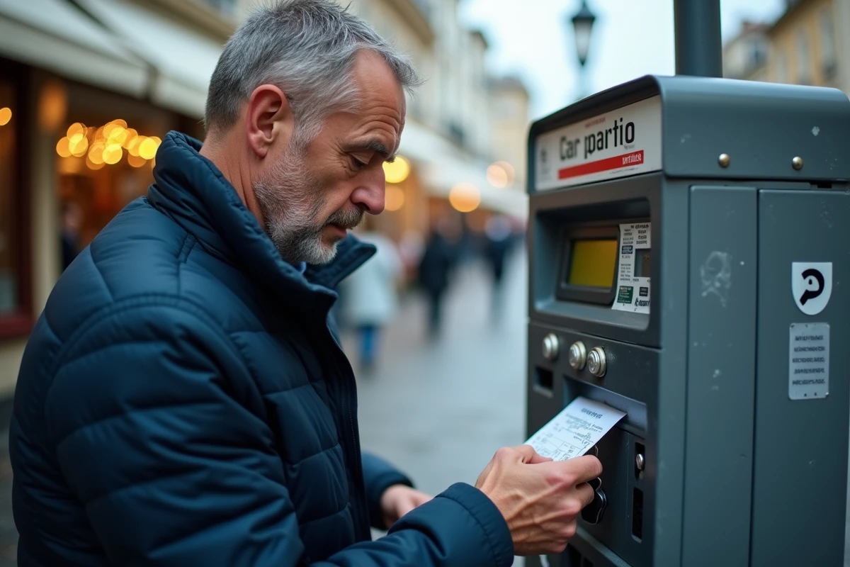 Homme consultant un horodateur près du marché de Deauville pour comparer les tarifs de stationnement