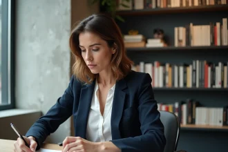 Rédactrice en chef analysant l'identité éditoriale d'un magazine numérique dans un bureau moderne, entourée de maquettes imprimées et de notes de conception