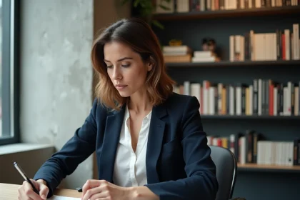 Rédactrice en chef analysant l'identité éditoriale d'un magazine numérique dans un bureau moderne, entourée de maquettes imprimées et de notes de conception