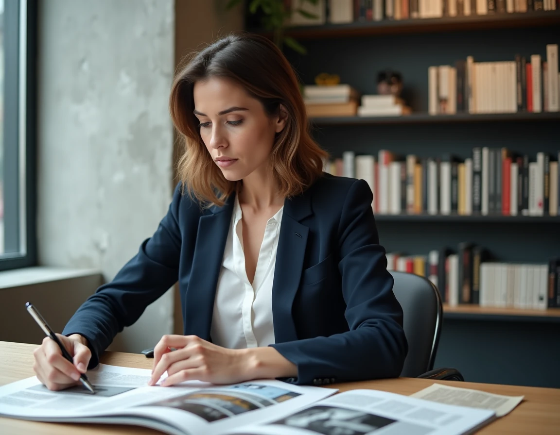 Rédactrice en chef analysant l'identité éditoriale d'un magazine numérique dans un bureau moderne, entourée de maquettes imprimées et de notes de conception