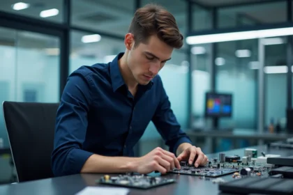 Jeune ingénieur en laboratoire examinant un circuit TDI