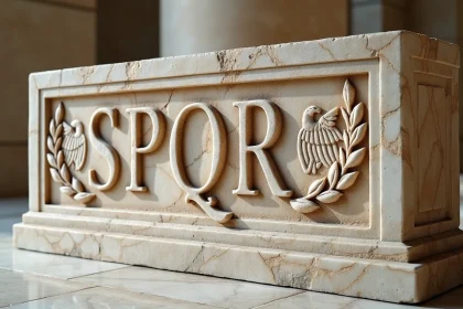 Inscription SPQR gravée sur un bloc de marbre antique avec motifs de lauriers et aigle romain en bas-relief dans un musée