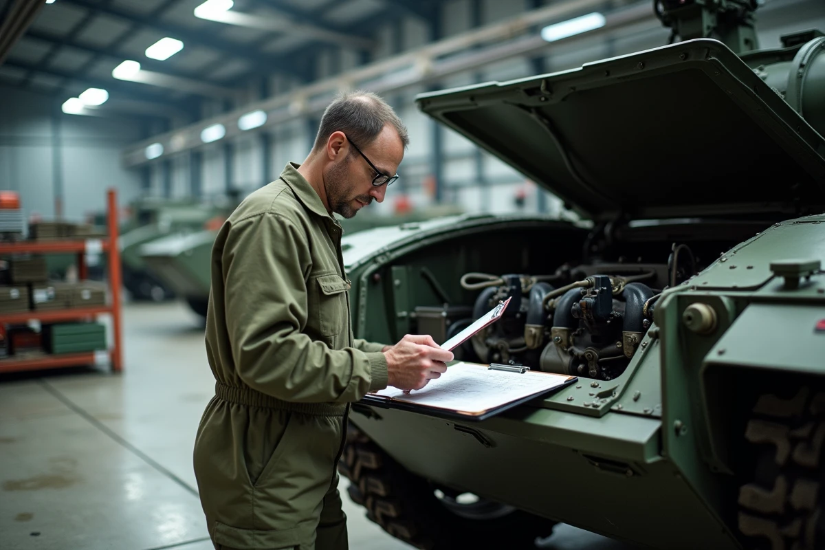 Technicien militaire inspectant le moteur d'un char Leclerc lors d'une révision mécanique en atelier