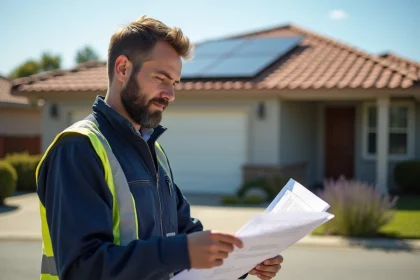 Installateur solaire homme barbu étudie plans devant maison