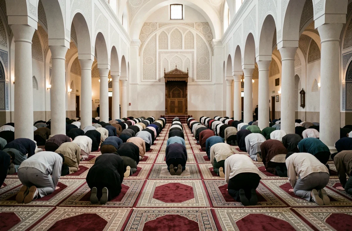 Intérieur d'une mosquée à Marseille pendant la prière collective du vendredi Joumou'a