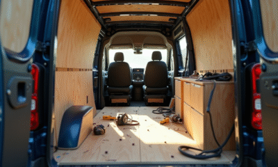 Intérieur arrière d'un Peugeot Expert en conversion amateur avec outils et fils