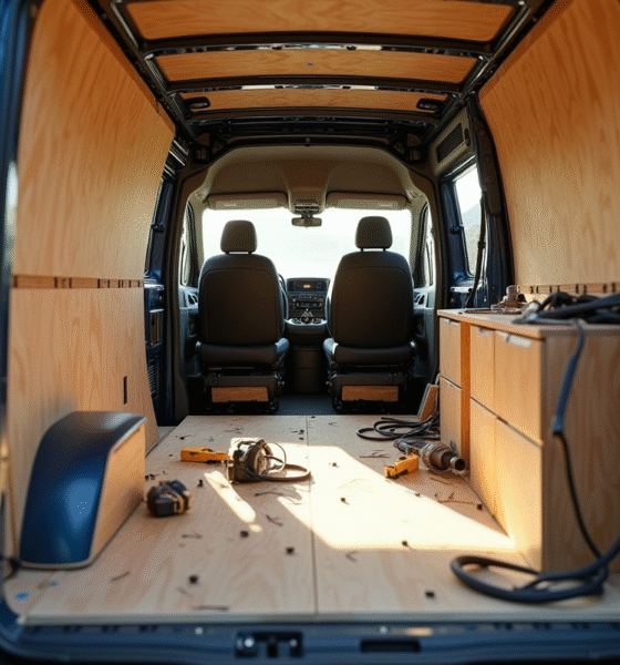 Intérieur arrière d'un Peugeot Expert en conversion amateur avec outils et fils