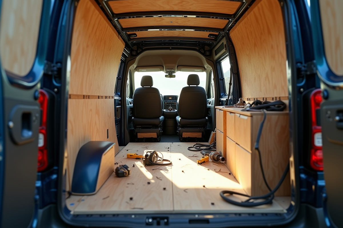 Intérieur arrière d'un Peugeot Expert en conversion amateur avec outils et fils