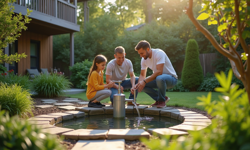 Jardin moderne avec un puits d'eau et une famille utilisant une pompe
