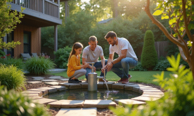 Jardin moderne avec un puits d'eau et une famille utilisant une pompe