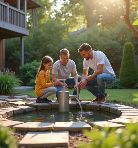 Jardin moderne avec un puits d'eau et une famille utilisant une pompe
