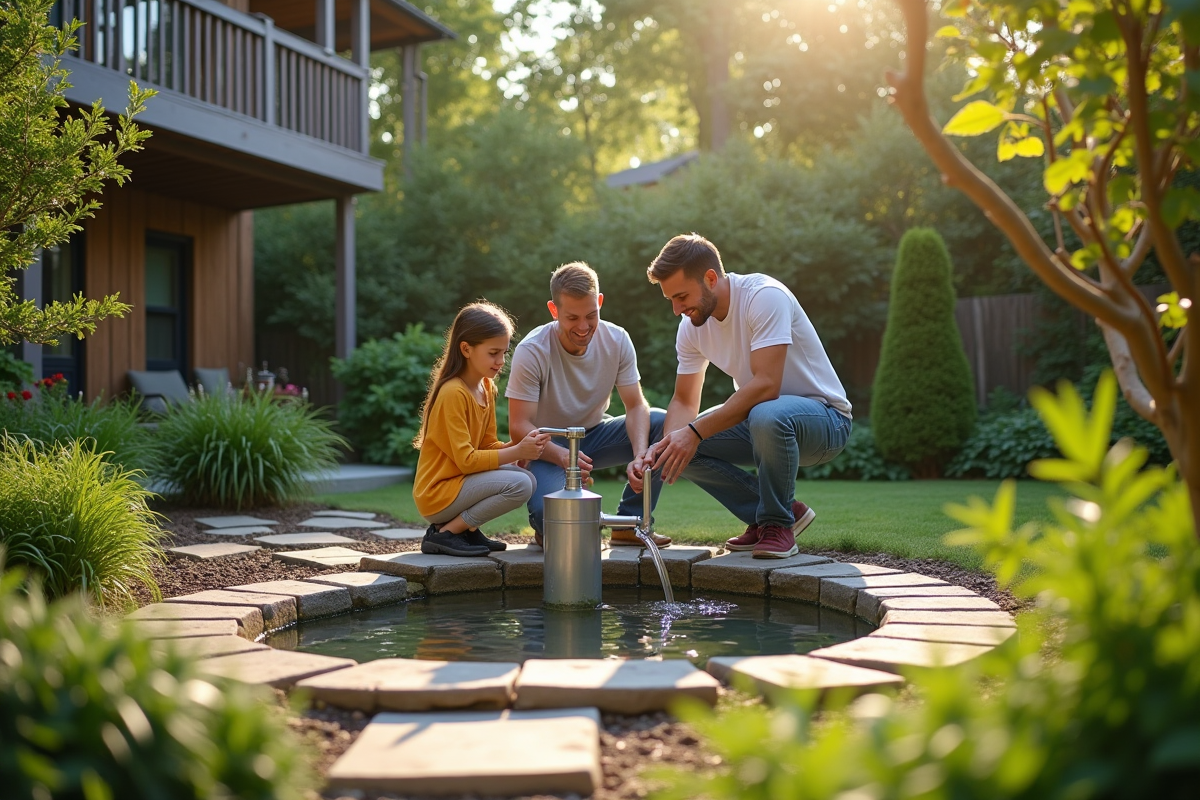 Jardin moderne avec un puits d'eau et une famille utilisant une pompe
