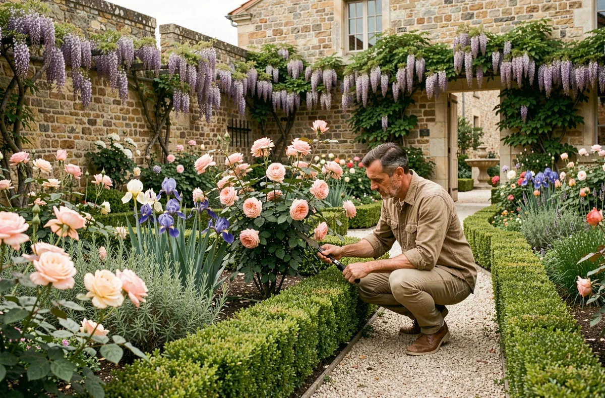 Le Jardin Saint-Jérôme à Toulouse avec des parterres de roses et d'iris bordant un sentier en gravier, un jardinier soignant les rosiers devant des murs en pierre couverts de glycine