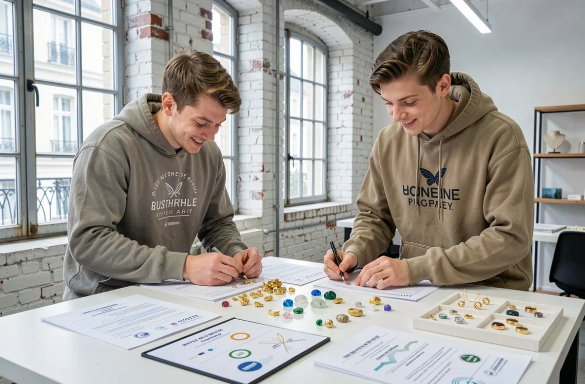 Designers de la bijouterie responsable JEM examinant des pierres et matériaux éthiques dans leur studio parisien