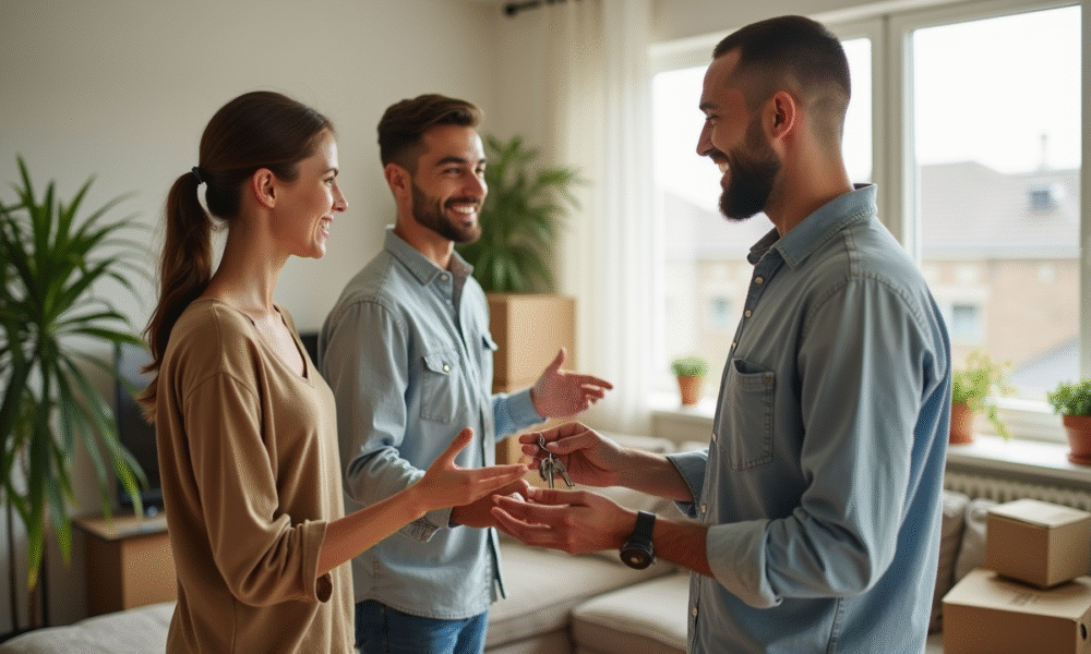 Jeune couple souriant remettant les clés d'un appartement
