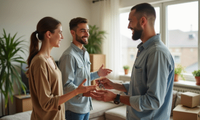 Jeune couple souriant remettant les clés d'un appartement