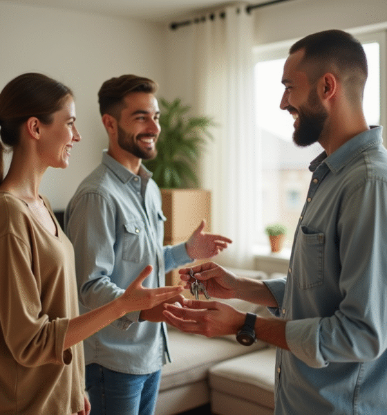 Jeune couple souriant remettant les clés d'un appartement