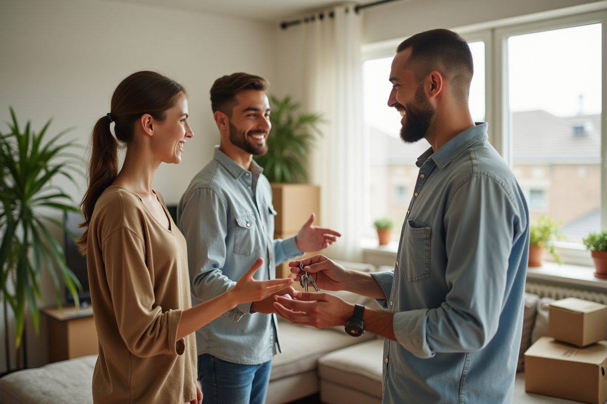 Jeune couple souriant remettant les clés d'un appartement