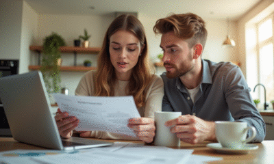 Jeune couple planifiant leur prêt immobilier à la cuisine