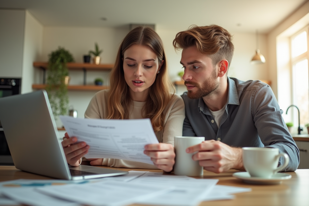 Jeune couple planifiant leur prêt immobilier à la cuisine