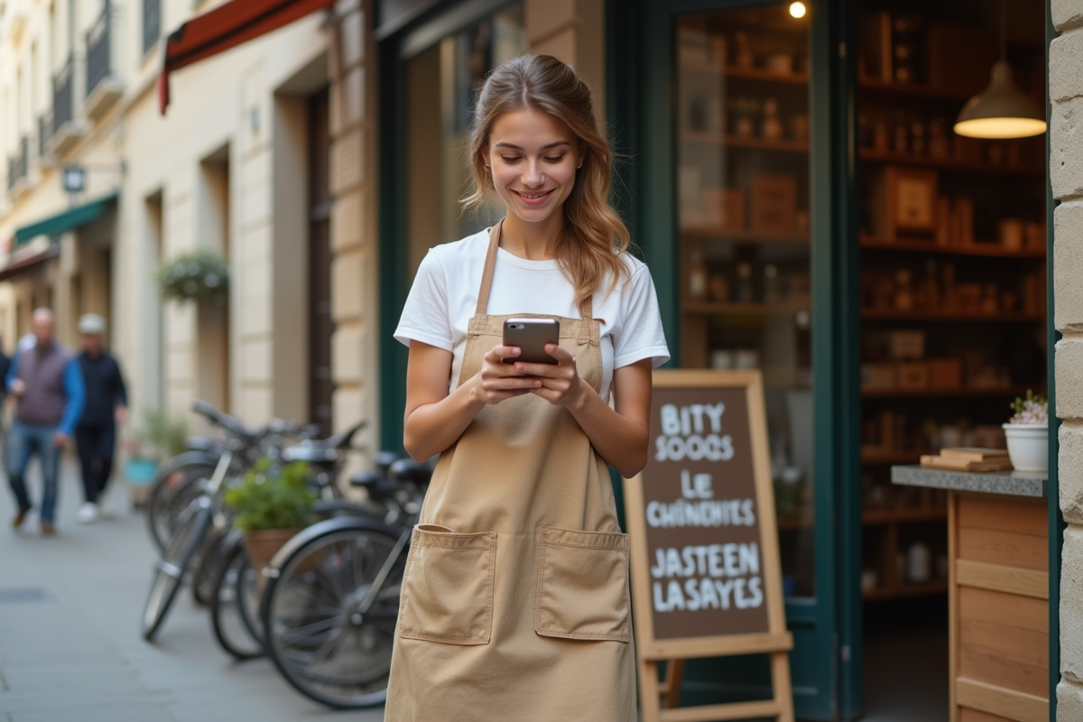 Jeune artisan dehors dans une rue urbaine avec smartphone