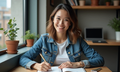 Jeune femme en bureau à écrire ses idées d'affaires