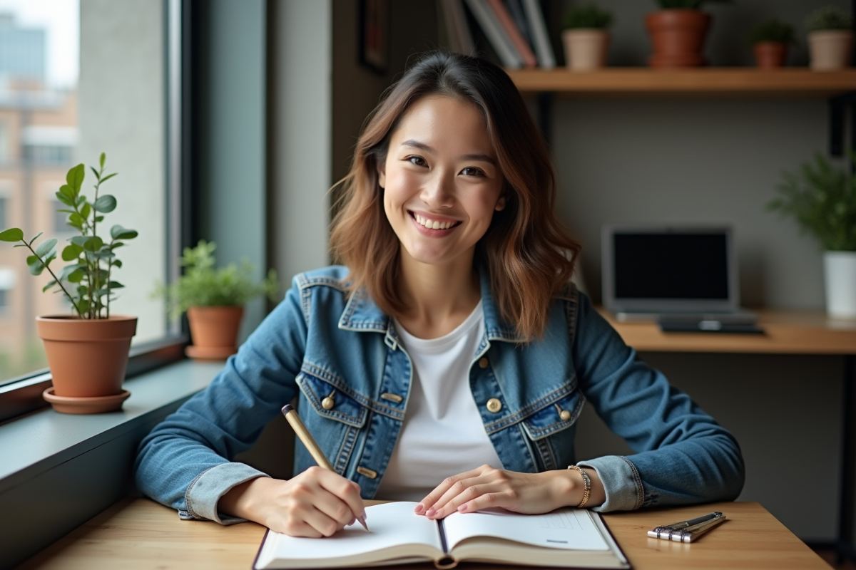 Jeune femme en bureau à écrire ses idées d'affaires