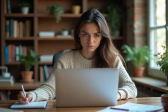 Jeune femme au bureau regarde son ordinateur avec inquiétude