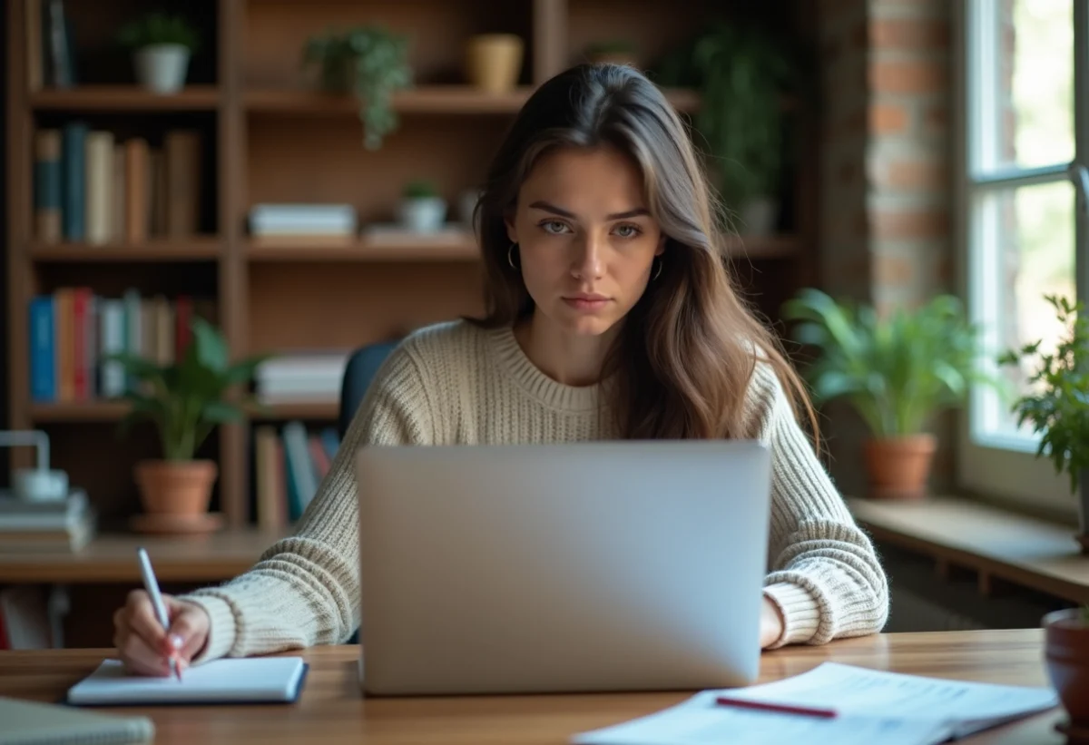 Jeune femme au bureau regarde son ordinateur avec inquiétude