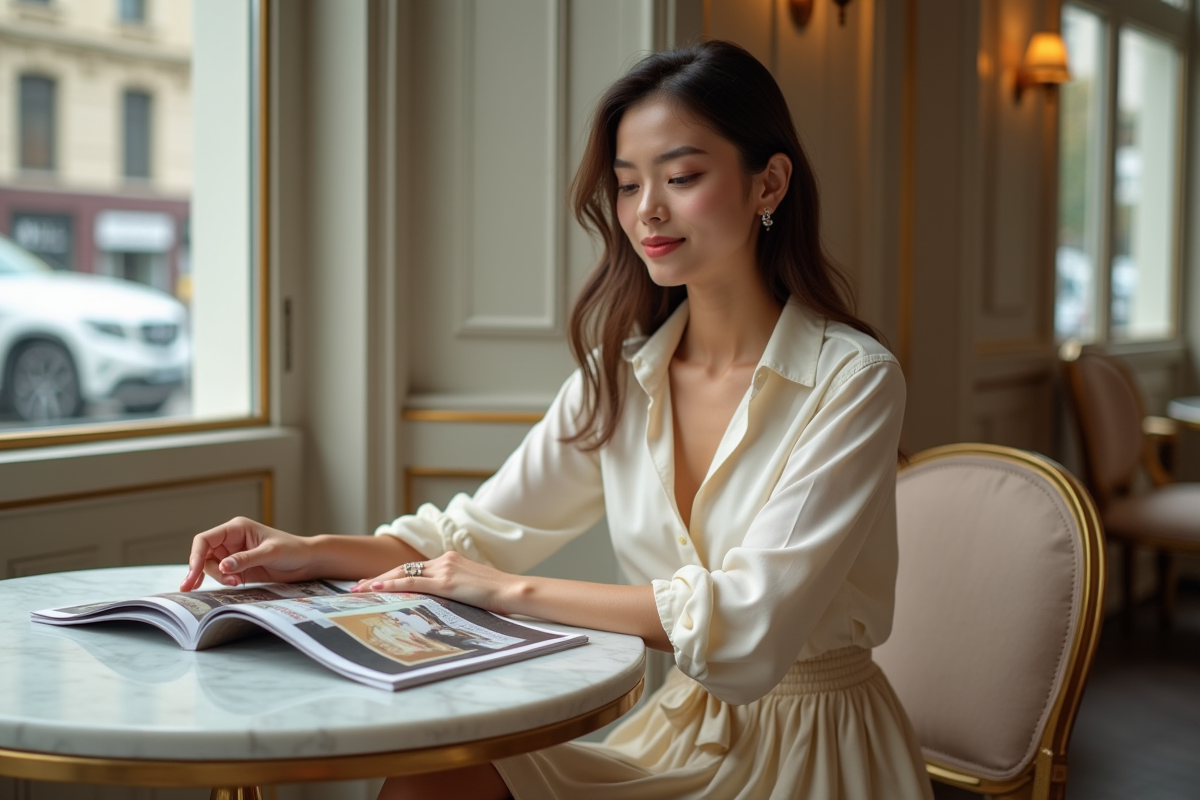 Jeune femme lisant un magazine dans un café chic intérieur