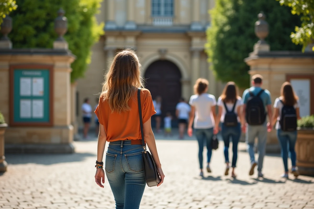 Jeune femme regardant le panneau d information à l entrée du Palais