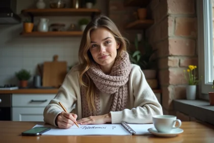 Jeune femme écrivant dans un cahier à la cuisine