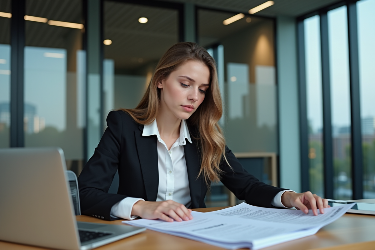 Jeune femme examine documents immobiliers au bureau