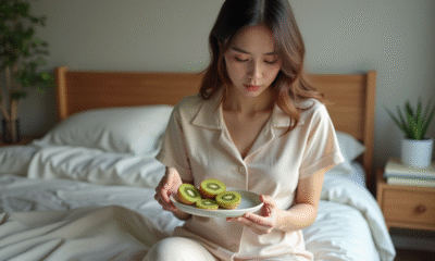 Jeune femme en pyjama tenant un kiwi avant de dormir